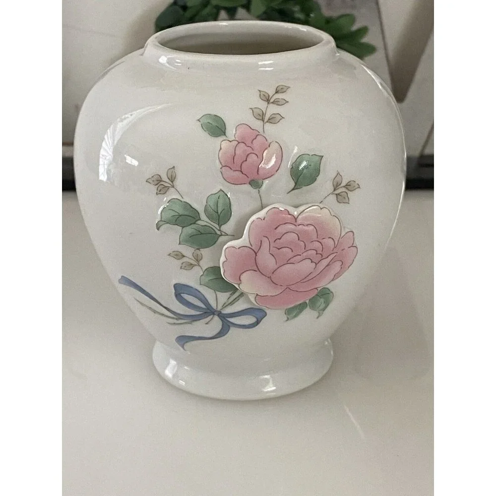 Vintage Japan Mini Vase 3D Raised Roses Porcelain Collectible White and Pink EUC